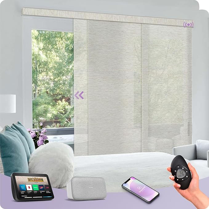 Graywind Rechargeable Smart Sliding Panels Compatible with Alexa Google Motorized Panel Track Blinds Remote Control for Patio Sliding Door Closet Door Width Up to 177" Custom Size (Moonlight)