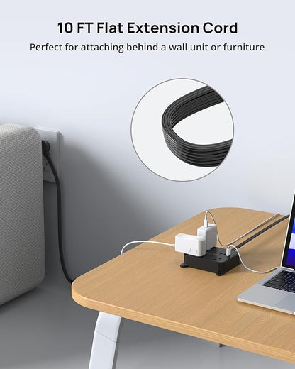 TROND Flat Plug Power Strip - 10FT Long Extension Cord with 3 AC Outlets, 2 USB-C Ports, 1 USB-A Port, Long Cord Desk Charging Station, Wall Mount for Home, Office Accessories, Dorm Room Essentials