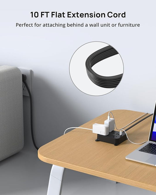 TROND Flat Plug Power Strip - 10FT Long Extension Cord with 3 AC Outlets, 2 USB-C Ports, 1 USB-A Port, Long Cord Desk Charging Station, Wall Mount for Home, Office Accessories, Dorm Room Essentials