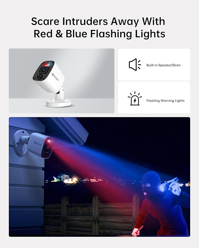 Swann Add-On DVR Flashing Light Bullet Camera with Sensor Spotlight, 4K UHD Video, Indoor or Outdoor Design, Dusk to Dawn Color Night Vision Plus True Detect Heat, Motion Detection, and One Way Audio