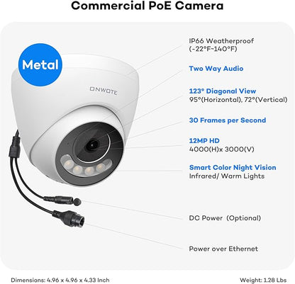 ONWOTE 12MP PoE IP Security Camera Outdoor, 2 Way Talk, Smart Color Night Vision, 4000x3000 12 Megapixels 30fps, 123° FoV, AI Detection, Commercial Wired Camera for Business, Add-on to PoE NVR System