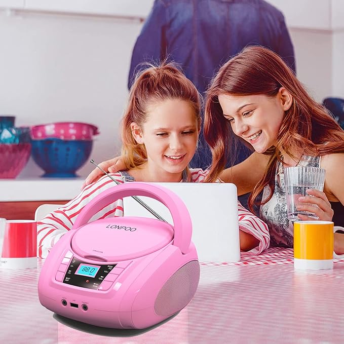 LONPOO Portable Boombox - CD Player, Bluetooth, USB, MP3, AUX, FM Radio, Portable, Built-in Stereo Speakers, Carrying Handle, LCD Display, Pink