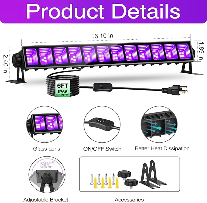 Upgraded 4 Pack 40W Blacklight Bar, IP66 Waterproof LED Black Light with Plug+Switch+6ft Cord, Each Light Up 24x24ft, for Outdoor, Glow Party, Halloween, Body Paint, Bedroom, Classroom, Stage Lighting