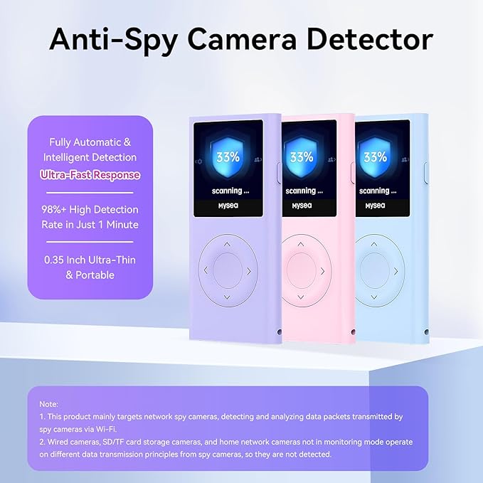 Mysea Hidden Camera Detector with Screen - Portable AI Anti Spy Camera Detector, 2.4G/5G Dual-Band WiFi Detection, Rechargeable Long Battery Life for Hotel, Office, Travel, Home (Glacier Blue)