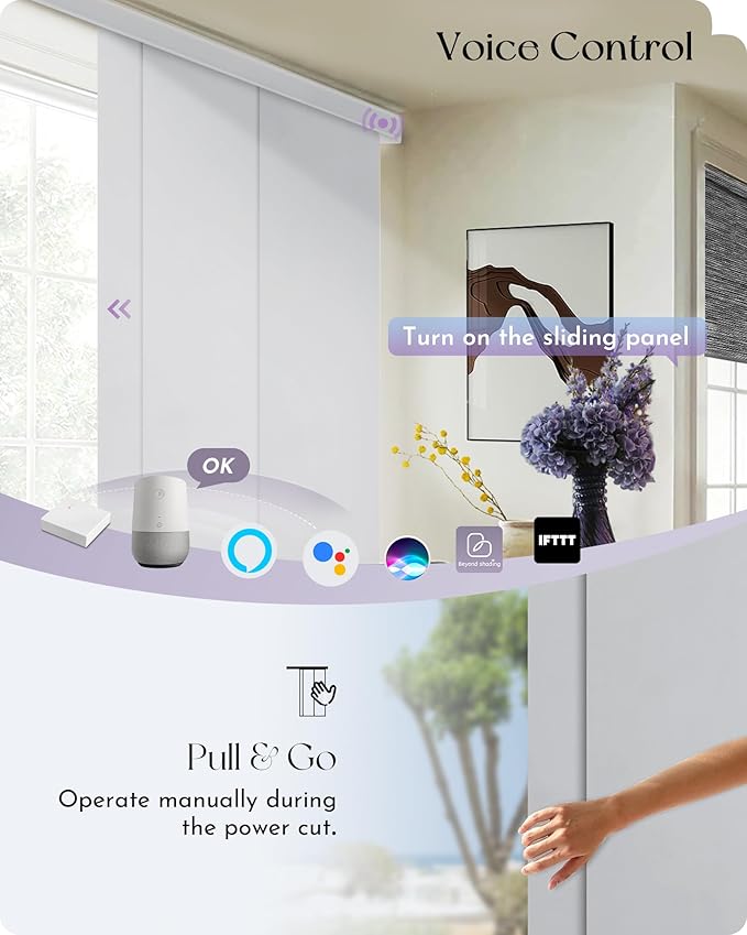 Graywind Rechargeable Smart Sliding Panels Compatible with Alexa Google Motorized Panel Track Blinds Remote Control for Patio Sliding Door Closet Door Width Up to 177" Custom Size (White)