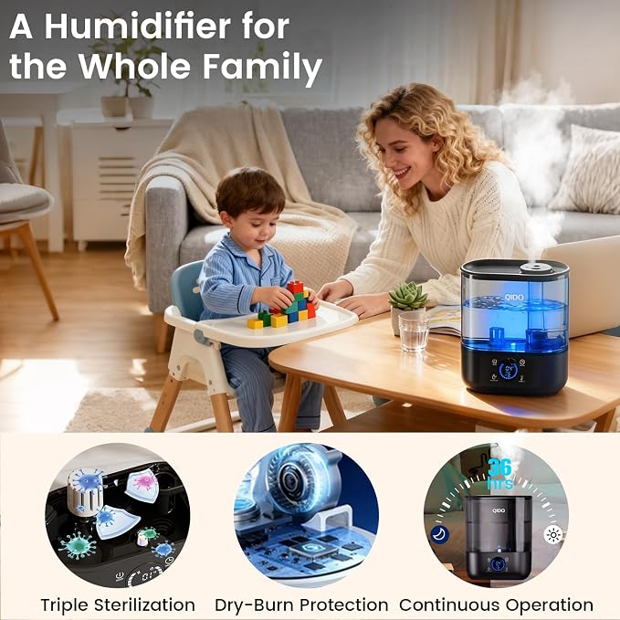 COMHOMA Humidifiers for Bedroom, 5L Top Fill for Large Room, 36H Runtime, 28 dB Quiet Cool Mist Air Humidifier for Baby Nursery, Plants, Indoor, APP/7-color Nightlight, Easy to Clean & Fill, Black