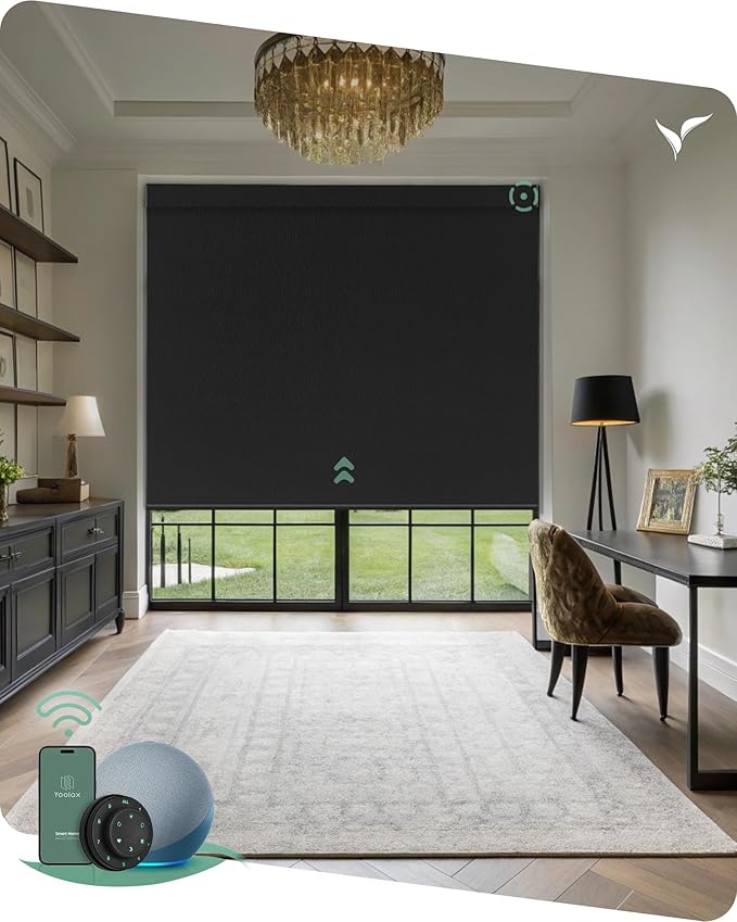 Yoolax Motorized Blinds with Remote, Designer Smart Blinds Work with Alexa, Google, Apple Homekit, 100% Blackout Motorized Shades Custom Electric Shades Voice Control (V-Midnight Stripe)
