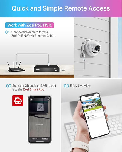 ZOSI 4 Pack 5MP Add-on PoE Security Cameras with Etherent Cables, Outdoor Indoor Home Dome Camera with Night Vision, IP66 Weatherproof, Only Compatible 4K/5MP NVR(Model:ZR08HN,ZR16HK,ZR16HB)