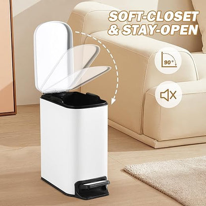 ELPHECO Small Bathroom Trash Can with Lid Soft Close 1.8 Gallon / 6.8 Liter Stainless Steel Garbage Can Slim White Wastebasket for Bathroom, Office, Bedroom, Matte White