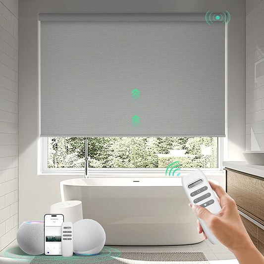 HeyBlinds Motorized Blinds with Remote, 100% Blackout Smart Blinds, Automatic Shades for Windows Compatible with Alexa Google and Homekit, Custom Size(Photo Film-Gray BO)