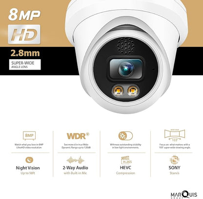 Marquis 8MP PoE IP Turret Camera Dual Light (Default IR) with Microphone, Audio, IP Security Camera Outdoor Night Vision 98ft Weatherproof IP67 Wide Angle 2.8mm