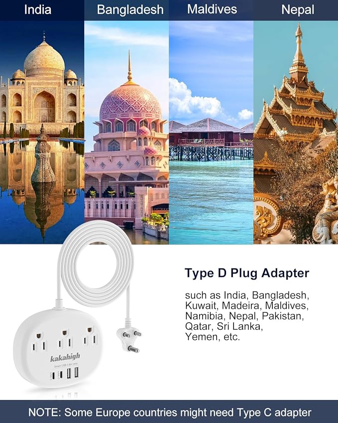 India to US Plug Adapter, India Extension Cord 3FT