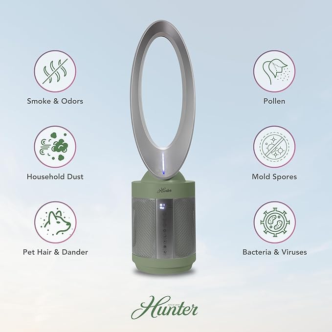 Hunter ExtremeAir Tower Bladeless Air Purifier. 2-in-1 Air Purifiers for Home & Bladeless Fan Combo. Bedroom Air Purifier Cooling Fan. Oscillating, 9 Speeds, Touch Control. Taupe.