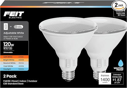 Feit Electric PAR38 Adjustable White LED Light Bulb, Selectable Color Temperature, Dimmable, Indoor/Outdoor Flood Light for Security, Recessed & Track Lighting, PAR38120DM/6WYCA/2, 2 Pack