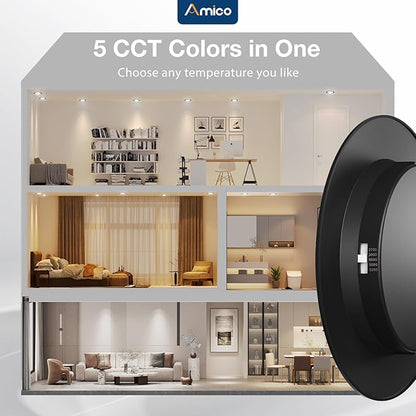 Amico Recessed Lighting 5/6 Inch, 12 Pack 5CCT Flat LED Can Lights, 2700K/3000K/4000K/5000K/6000K Selectable,12W Eqv 110W, 1050LM Brightness, Retrofit Installation - ETL & FCC, Black