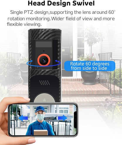Doorbell Camera Wireless-Head PTZ Rotated 60°View, 2.4G WiFi Security Video Doorbell with Chime,Battery Powered,2K Full HD & Night Vision with Two-Way Talk, Smart Human Detection