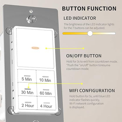 Minoston Countdown Timer Switch, WiFi Timer Switch for Bathroom Fans and Lights, 10-20-30-60 min/2-4 Hour, Neutral Wire Needed, 15A, 1/2HP/120VAC, ETL Listed, White (MT10W)