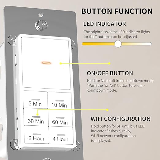 Minoston Countdown Timer Switch, WiFi Timer Switch for Bathroom Fans and Lights, 10-20-30-60 min/2-4 Hour, Neutral Wire Needed, 15A, 1/2HP/120VAC, ETL Listed, White (MT10W)