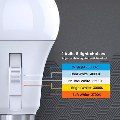 Feit Electric LED Motion Sensor Light Bulb, A19 60W Equivalent, 5CCT, Non-Dimmable, E26 Medium Base, 90 CRI, 800 Lumens, Adjustable White, 15 Years Lifetime, OM60/5CCTCA/MM/LEDI