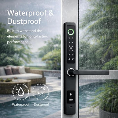 Smart Door Lock with Handle - Keyless Entry Fingerprint & Touchscreen Keypad - App Control, Alexa & Google Home Compatible - Waterproof Sliding Door Patio, Wood, Aluminum Slim Door - DIY Black