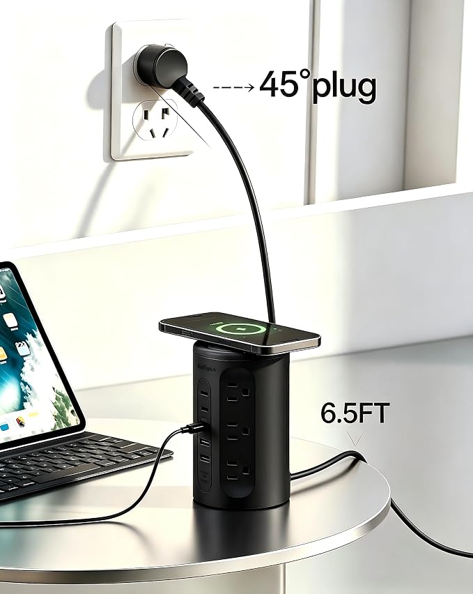 Power Strip Tower with USB Ports, 6.5 FT Extension Cord with Multiple Outlets (12AC+3A+2C) for Home Office Desk College Dorm Room Supplies