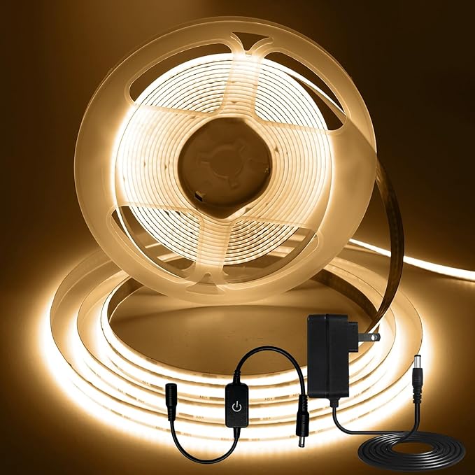 16.4FT/5M COB LED Strip Light, Warm White 3000K LED Tape Lights, Cuttable LED Lights CRI93+ Flexible Dimmable Light Strip for Bedroom TV Backlight Mirror Kitchen Cabinet Decor(with Plug)