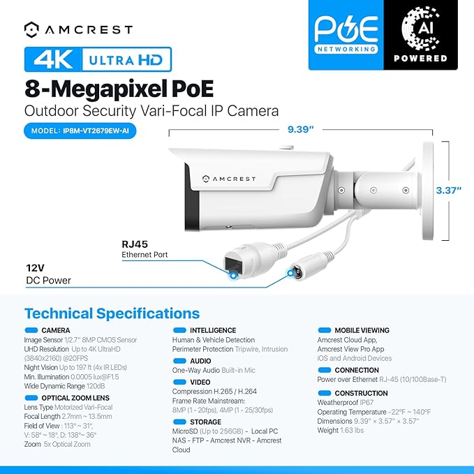 Amcrest 4K Optical Zoom AI IP PoE Camera, Varifocal Outdoor IP POE Camera Bullet, Human & Vehicle Detection, F1.5, 2.7mm~13.5mm Lens, IP67, 5X Optical Zoom, (IP8M-VB2696EW-AI)