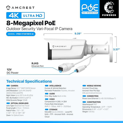 Amcrest 4K Optical Zoom AI IP PoE Camera, Varifocal Outdoor IP POE Camera Bullet, Human & Vehicle Detection, F1.5, 2.7mm~13.5mm Lens, IP67, 5X Optical Zoom, (IP8M-VB2696EW-AI)