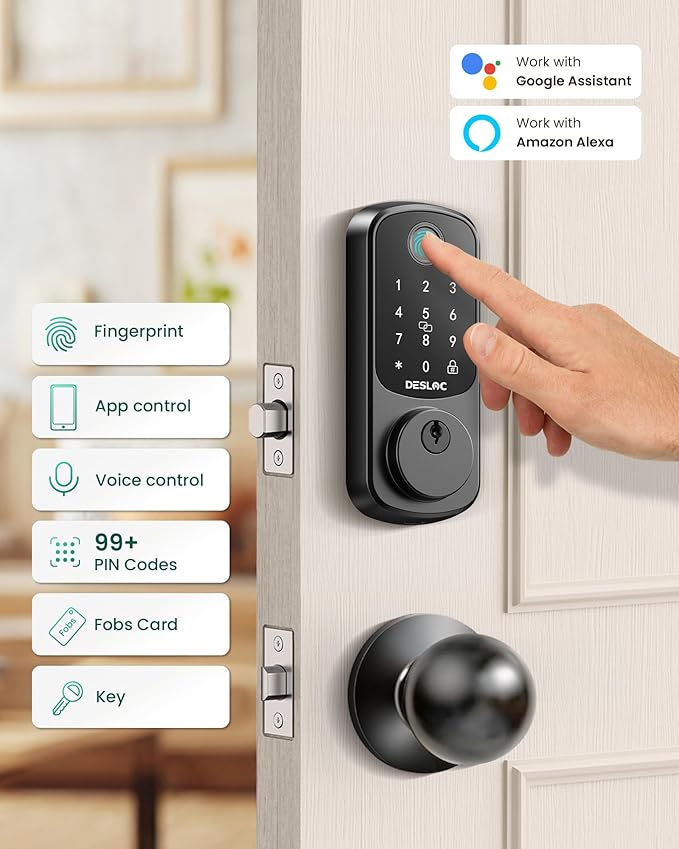 DESLOC B200 Fingerprint Smart Lock with 2 Knobs, Keyless Entry Front Door Lock Set, Electronic Keypad Deadbolt, App Control, Auto Lock, Long Battery Life,Matte Black