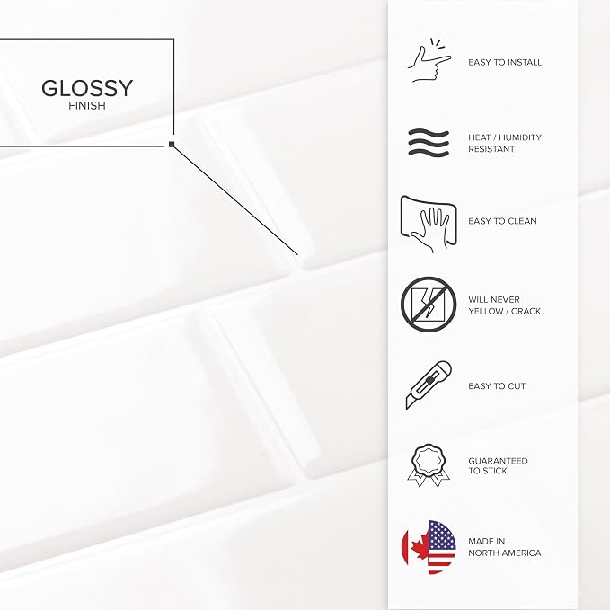 Smart Tiles Peel and Stick backsplash, Subway Pure White, 11.55"x8.38" | Pack of 5 (2.8 sq ft), Glossy, Heat/Moisture Resistant, Low VOC, Kitchen/Bathroom, Renter Friendly, Made in Canada
