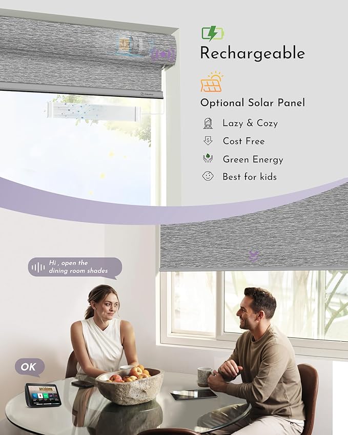 Graywind Smart Blackout Roller Shades for Alexa Google Textured Gleaming Fabric Rechargeable Motorized Blinds Cordless Remote Control Window Shades, Custom Size (Striped Grey) (GW-QZYM-TH00)