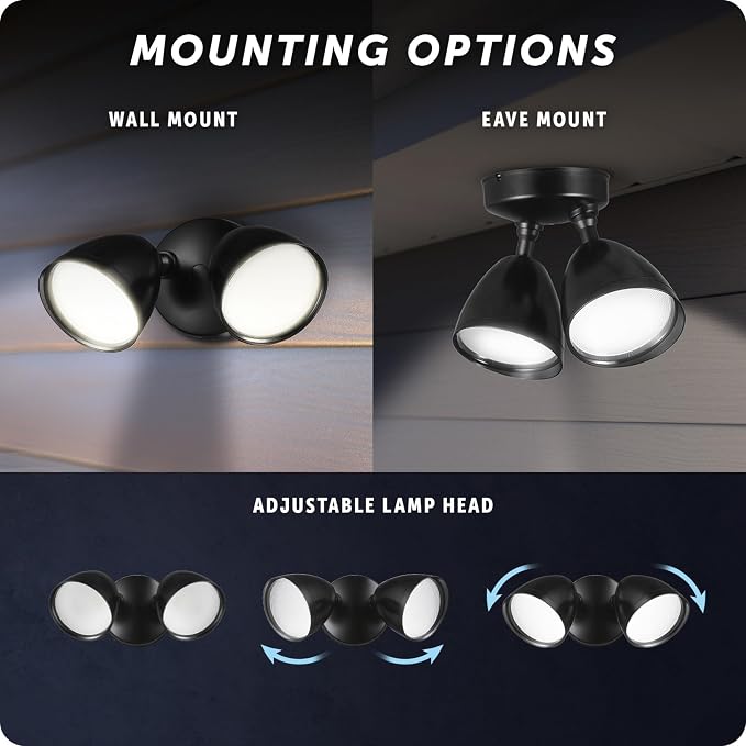 Globe Electric 17000186 20W Twin Head Black 1600 Lumens Wall Switch Activated Hardwired Outdoor Integrated LED Flood Light Security Light, Outside House Lights
