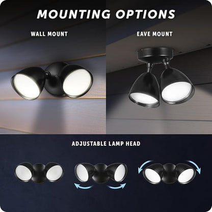 Globe Electric 17000186 20W Twin Head Black 1600 Lumens Wall Switch Activated Hardwired Outdoor Integrated LED Flood Light Security Light, Outside House Lights
