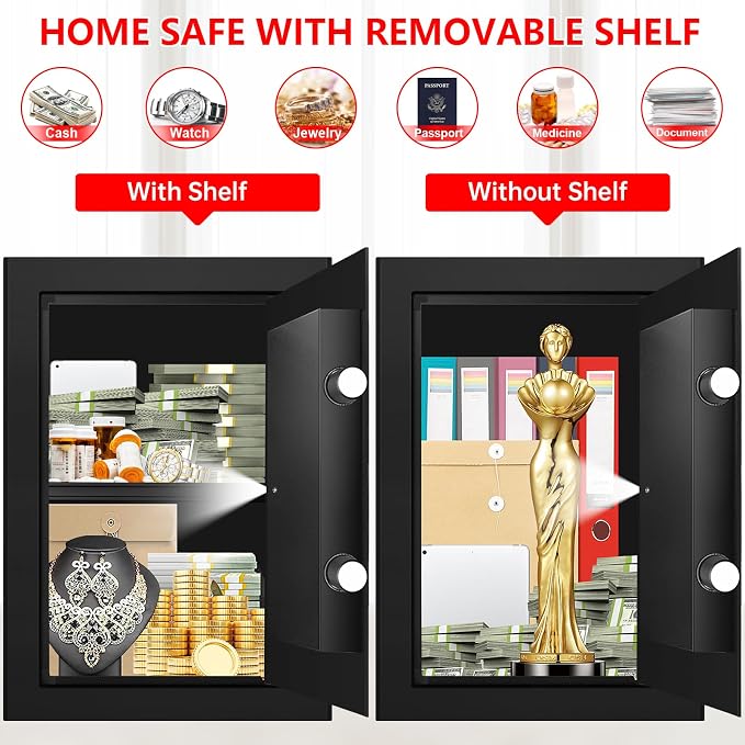 3.4 Cub Large Safes for Home Use, Digital Home Safe Box Fireproof Waterproof with Programmable Keypad, Spare Keys and Removable Shelf, Anti-Theft Fire Proof Safe for Document Money Valuables