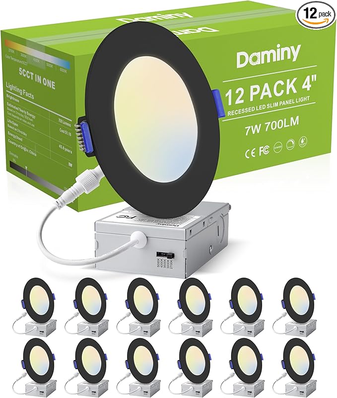 DAMINY 12 Pack 4 Inch Black LED Recessed Lighting with Junction Box,5CCT,Ultra-Thin Recessed Light,7W 700LM, Dimmable Canless Wafer Ceiling Light, High Brightness