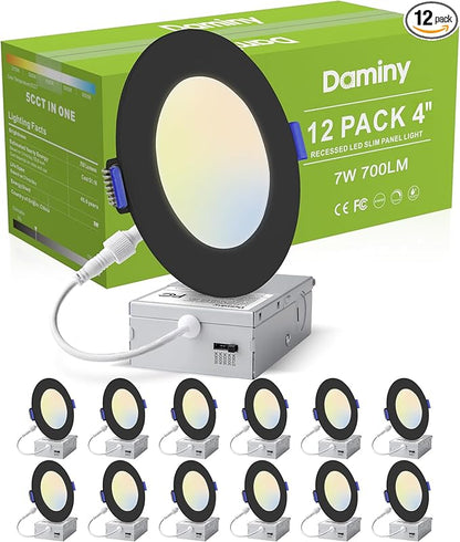 DAMINY 12 Pack 4 Inch Black LED Recessed Lighting with Junction Box,5CCT,Ultra-Thin Recessed Light,7W 700LM, Dimmable Canless Wafer Ceiling Light, High Brightness