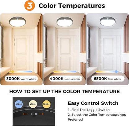 slochi Motion Sensor Light Indoor Wired, 8.7 Inch 3000K/4000K/6500K Closet Lights Motion Sensored, 18W 1800LM Flush Mount Ceiling Light for Hallway Pantry Stairwell Porch, Black