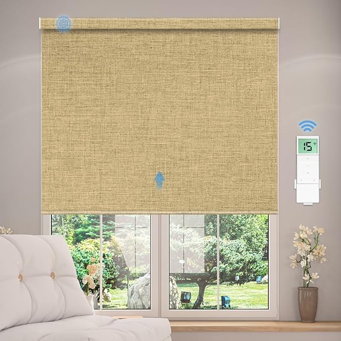 Tokblind Motorized Blackout Roller Shade Fabric Covered Valance and Bottom Rod, Remote Control Electric Window Blind Compatible with Alexa Google via Hub, Custom Size (Dark Coffee - Wrapped Fabric)