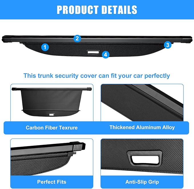 AUXKO Retractable Cargo Cover for GMC Acadia/Chevy Traverse 2026-2024/ Buick Enclave 2025 2026, Trunk Cover Luggage Security Cover Shielding Shade Anti-Peeping Luggage Privacy Screen, Carbon Fiber
