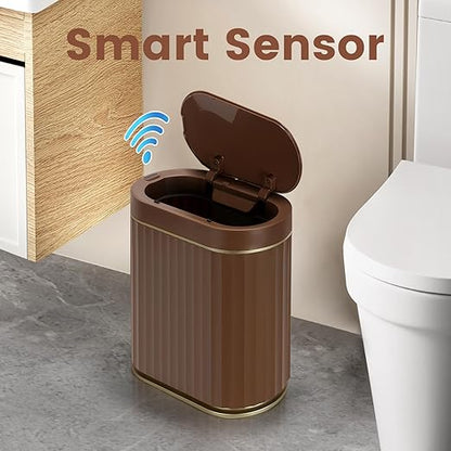 ELPHECO Bathroom Motion Sensor Trash can, 2 Gallon Automatic Garbage Can, Slim Plastic Smart Trash Can with Lid, Commercial Intelligent Trash Bin for Bedroom, Bathroom, Office, Brown Gold