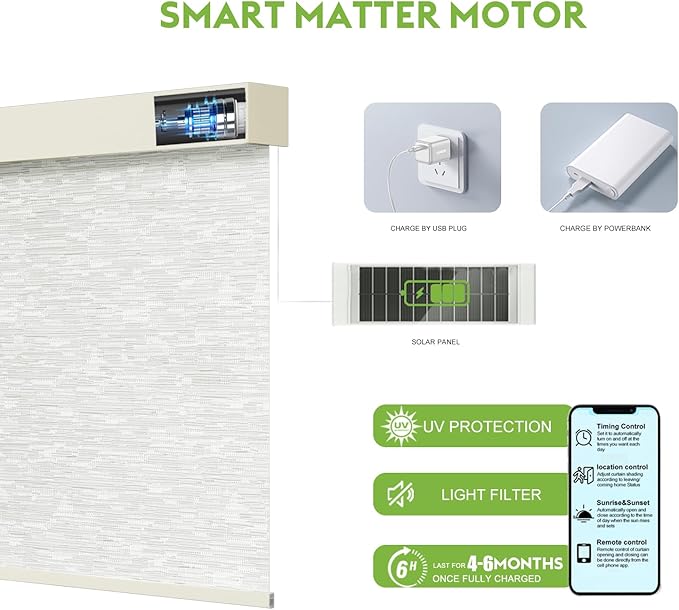 Motorized Blinds with Remote，100% Blackout Smart Blinds Motorized Roller Shades Compatible with Alexa Automatic Blinds for Windows Electric Window Blinds Customized Size Luminous Glow
