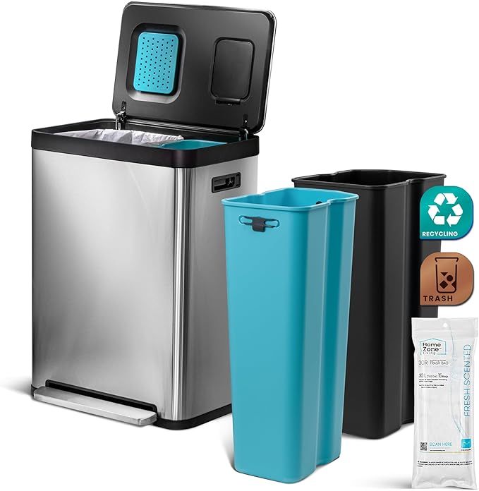 Home Zone Living 19 Gallon Kitchen Trash Can with Dual Compartments for Recycling, CleanAura Odor Control, Stainless Steel, Silver, 70 Liters Total
