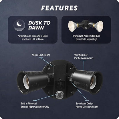 GLOBE Electric 240 W Twin Head Black Hardwired Automatic Dusk to Dawn Security Flood Light, Spotlight, Outdoor, Outside House Lights, 17000083 (Pack of 6)