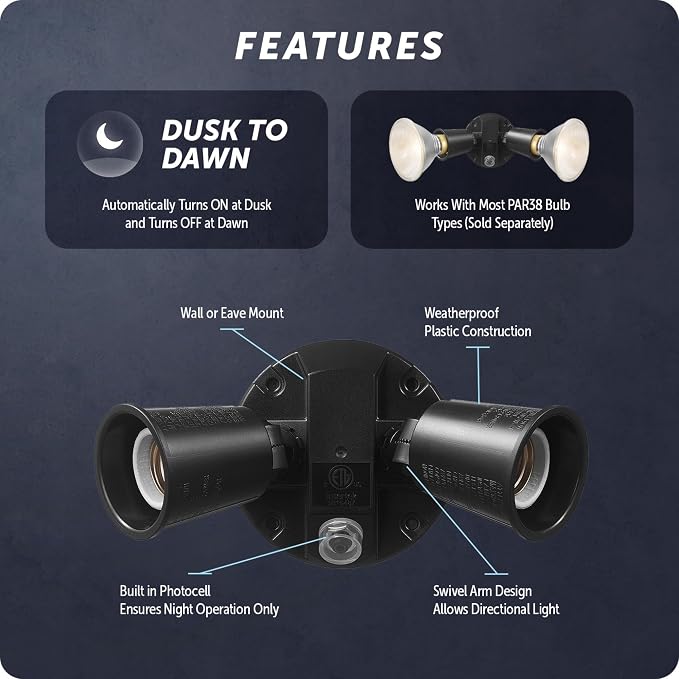 GLOBE Electric 240 W Twin Head Black Hardwired Automatic Dusk to Dawn Security Flood Light, Spotlight, Outdoor, Outside House Lights, 17000083
