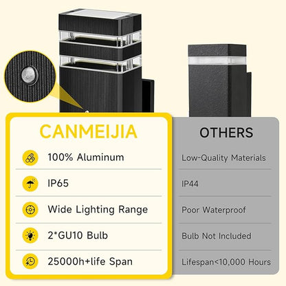 CANMEIJIA Dusk to Dawn Outdoor Sconce Lights 2 Packs,GU10 3000K Exterior Wall Light IP65 Waterproof Aluminum Outdoor House Lights Wall Mount for House Garage Patio Garden