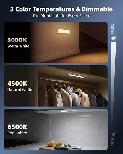 8inch Under Cabinet Lighting Wireless, 3-Pack Rechargeable Battery Motion Sensor Light Indoor, LED Closet Lights USB Charging, 3 Color Dimmable Under Cabinet Lights for Kitchen, Cabinet, Wardrobe.