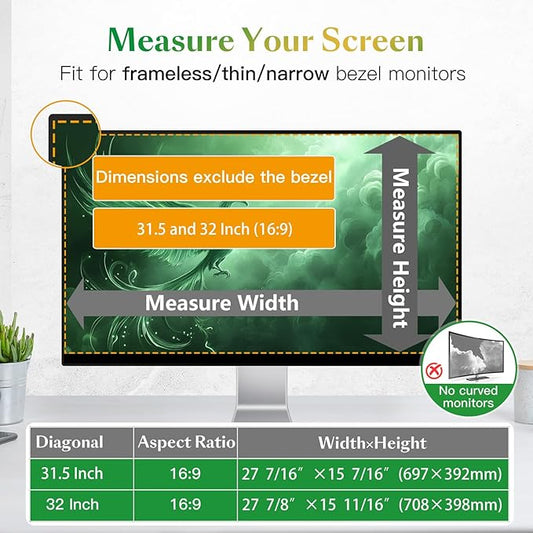 Magnetic 32 inch Privacy Screen for Computer Monitor 16:9 Widescreen Desktop PC, 32in Hanging Removable Anti Glare Blue Light Eye Protection Shield, Anti Spy Screen Protector Panel