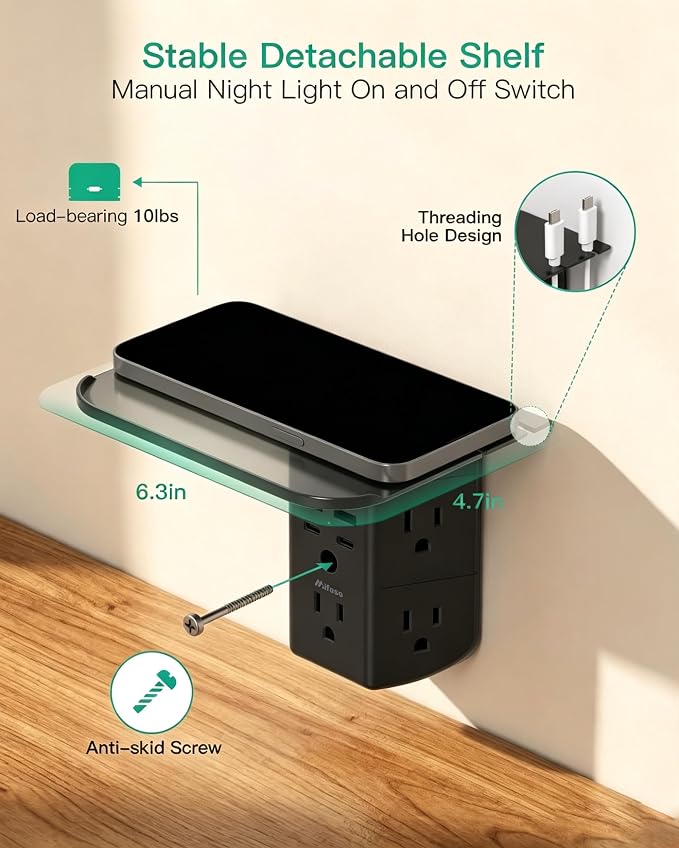 Wall Outlet Extender with Shelf and Night Light, Surge Protector, USB Wall Charger with 5 AC Outlets and 2 USB A Ports 2 USB C Ports Wide Space 3-Sided Power Strip Multi Plug Outlets, Black