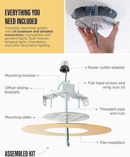 The Can Converter R56 Recessed Can Light Conversion Kit w/ 7"¾ Flat Ceiling Medallion - Home Improvement for 5" & 6" Cans, Converter Kit for Ceiling Fan & Light Fixture, UL Certified, Polished Gold