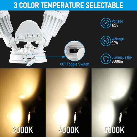 LEONLITE 3CCT LED Security Light, Motion Sensor Outdoor Lights, Dusk to Dawn, ETL Listed, Adjustable Heads, 3000K4000K5000K Selectable, Motion Detector Flood Light, Aluminum, IP65 Waterproof, White